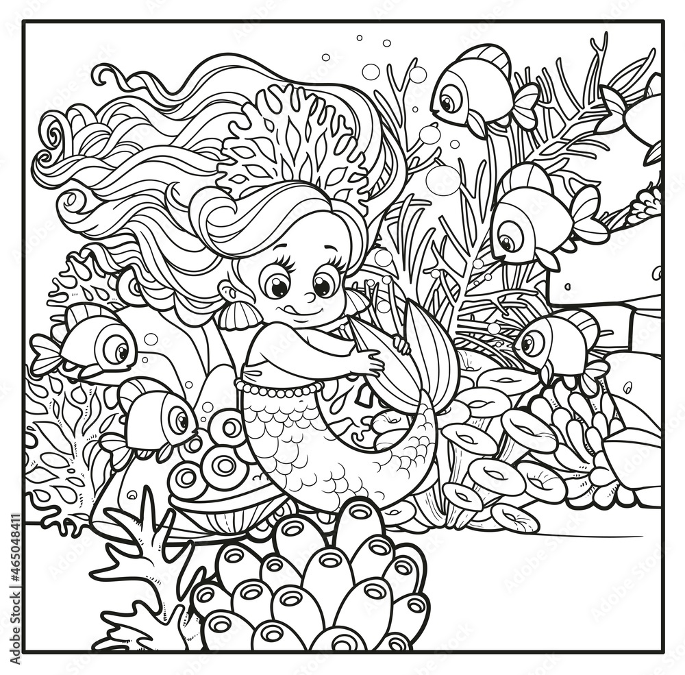 Cute little mermaid girl in coral tiara playing with her tail outlined for coloring page on seabed with corals and algae background