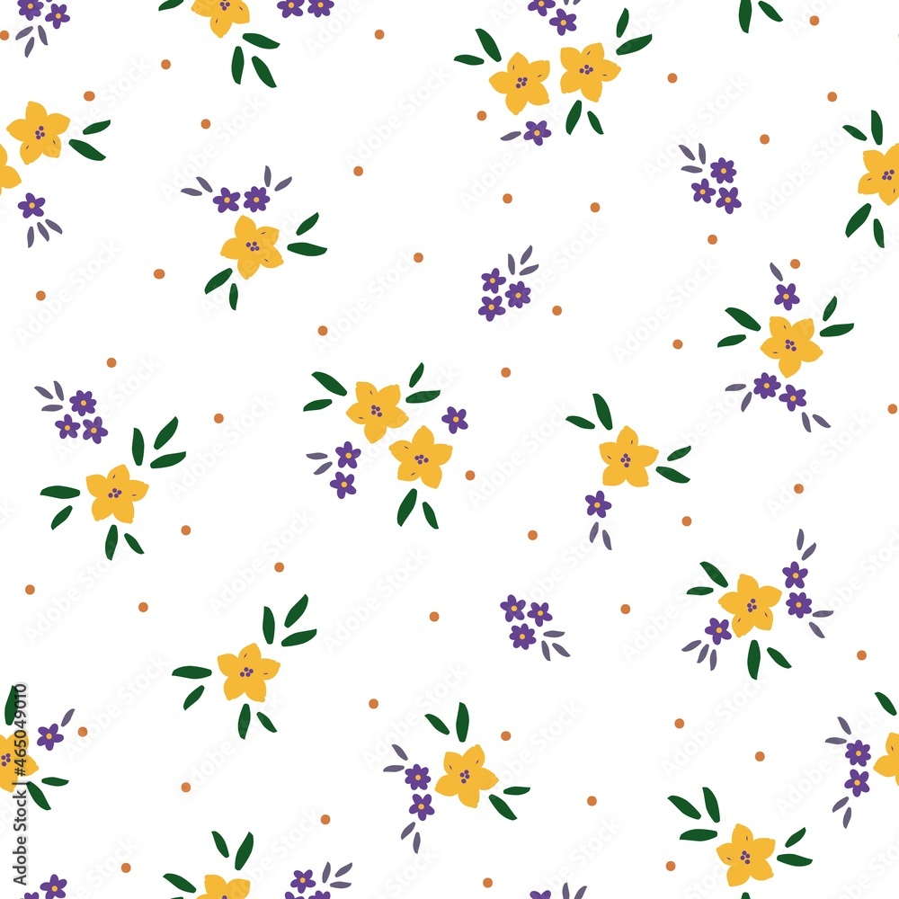 Seamless vintage pattern abstract. white background. orange and lilac flowers. vector texture. dots. trend print for textiles and wallpaper.
