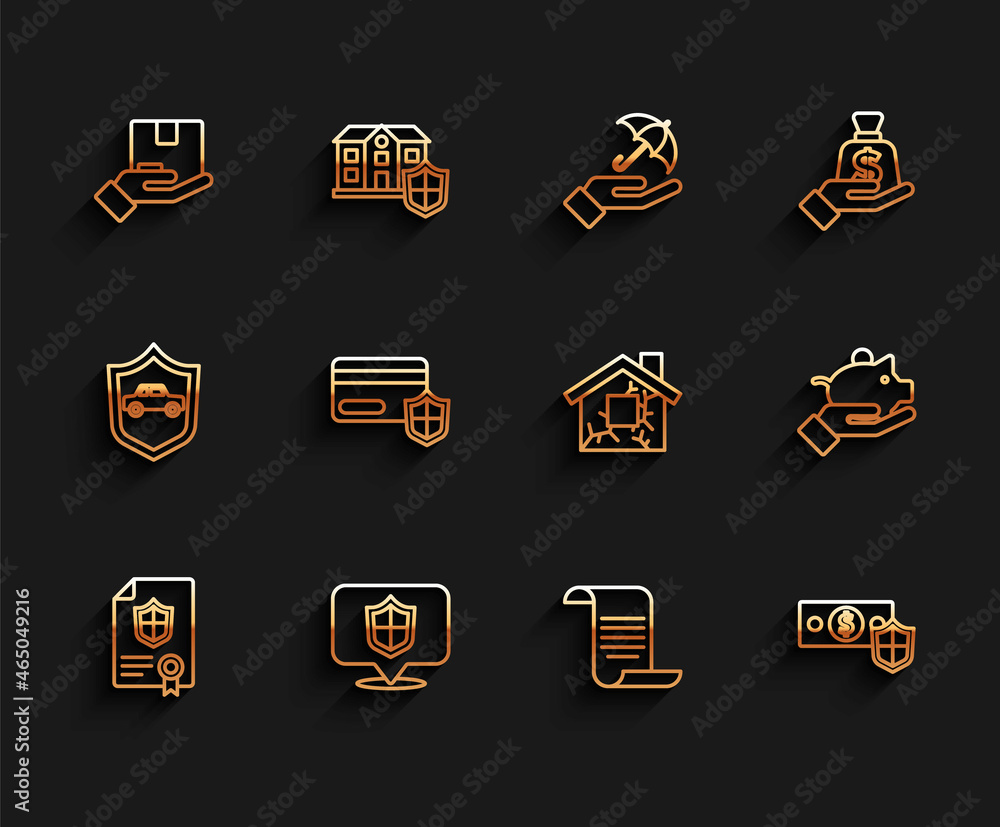 Set line Contract with shield, Location, Delivery insurance, Document, Money, Credit card, Piggy bank hand and House icon. Vector Set line Contract with shield, Location, Delivery insurance, Document, Money, Credit card, Piggy bank hand and House icon. Vector