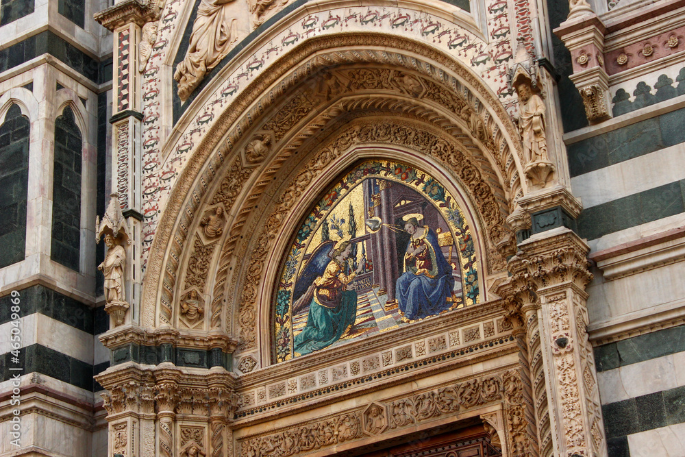 Presco painting above the side entrance door of the Cathedral of Florence (Duomo di Firenze) , Tuscany, Italy