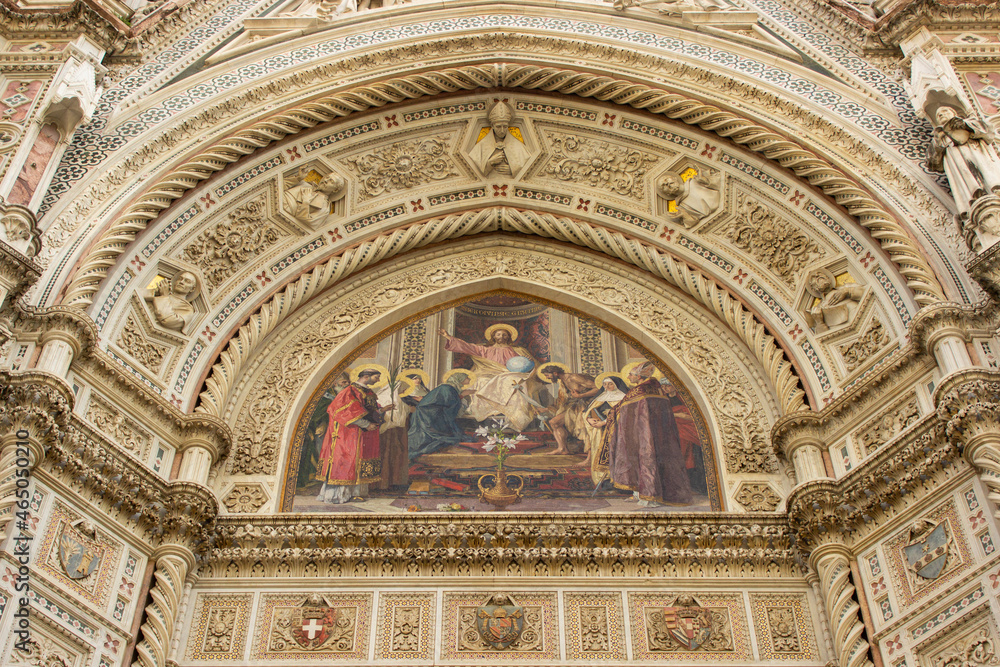 Presco painting above the entrace of the Cathedral of Florence detailed frontal close up, Duomo di Firenze, Italy