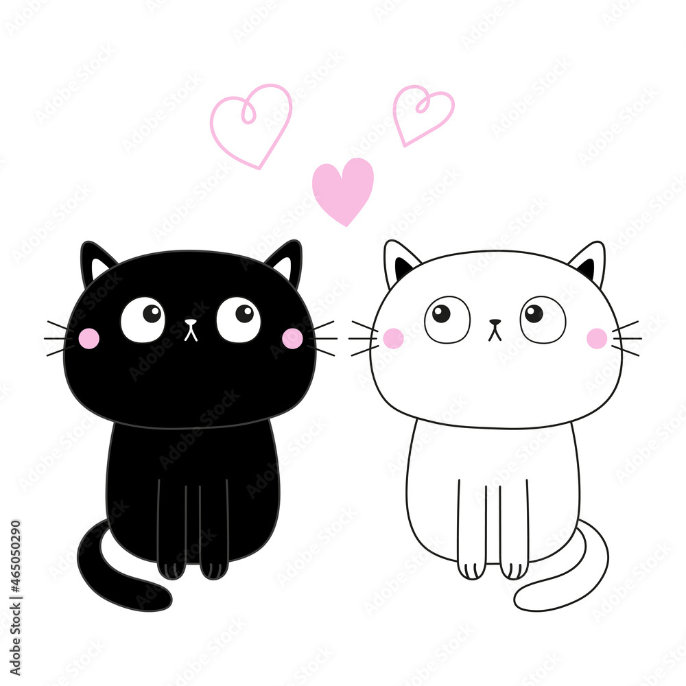 Black and white cat set. Pink heart. Contour line. Cute cartoon sitting kitty character. Kawaii animal. Funny baby kitten. Sad face. Love couple. Greeting card. Flat design. Isolated