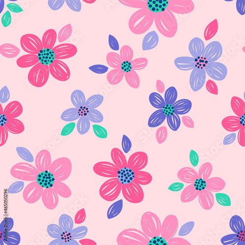 Pastel cute hand drawn floral seamless pattern background
