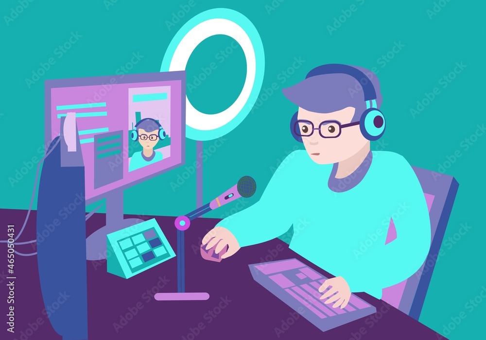 Game streaming concept illustration Young man game streamer play video game online Flat illustration Game streaming concept illustration Young man game streamer play video game online Flat illustration