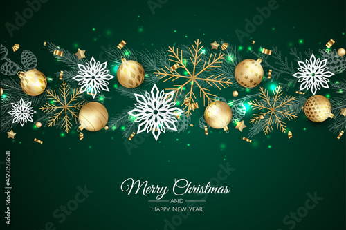 Merry Christmas and Happy New Year. Xmas background with Snowflakes and balls design.