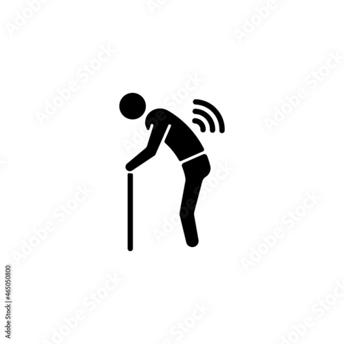 Risk factor linked to age black glyph icon. Elderly man with back ache. Increasing risk of spinal arthritis development. Silhouette symbol on white space. Vector isolated illustration