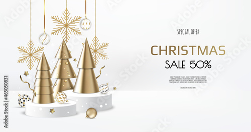 Realistic podium for winter and christmas design, sale. Greeting card, banner, poster, header for website