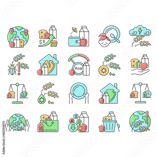 Hunger and food security RGB color icons set. Poverty and starvation. Harvest loss. Food justice volunteer organizations. Isolated vector illustrations. Simple filled line drawings collection