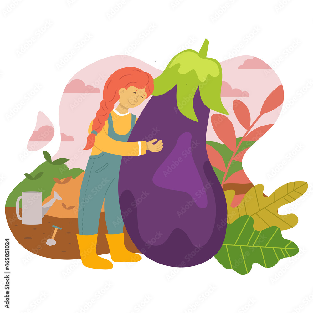 Vector illustration of a happy girl hugging a large eggplant grown in her garden Vector illustration of a happy girl hugging a large eggplant grown in her garden