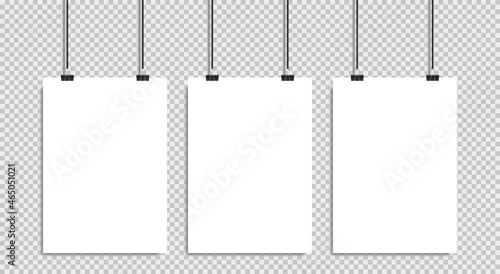 Vector realistic white blank A4 paper poster hanging on a rope with clip - stock vector.