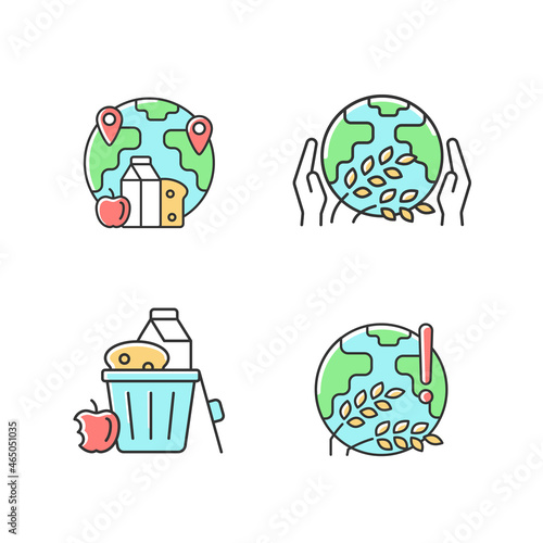 World hunger issues RGB color icons set. Global harvest wilt. International allocation. Starvation relief organizations. Isolated vector illustrations. Simple filled line drawings collection