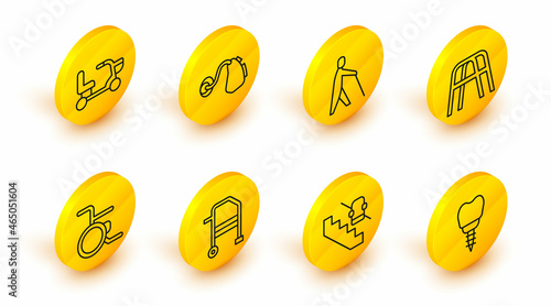 Set line Dental implant, Disabled elevator, Walker, Wheelchair, Blind human holding stick, Hearing aid and Electric wheelchair icon. Vector