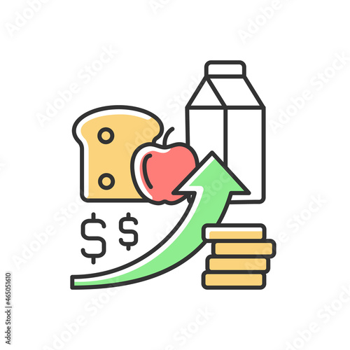Increasing food prices RGB color icon. Price inflation. Economical issue. Grocery shopping. Food insecurity and hunger reason. Isolated vector illustration. Simple filled line drawing