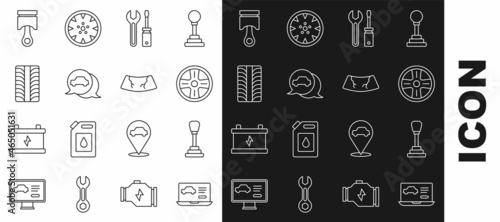 Set line Diagnostics condition of car, Gear shifter, Alloy wheel, Screwdriver and wrench spanner, Car service, tire, Engine piston and Broken windshield icon. Vector