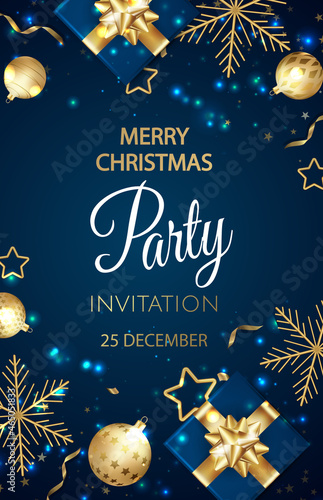 Christmas party invitation with balls and gold snowflakes