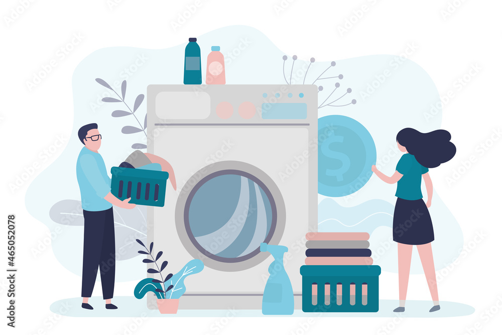 Characters brought things to wash. Girl puts coin in washing machine. People come to public laundry to wash clothes Characters brought things to wash. Girl puts coin in washing machine. People come to public laundry to wash clothes