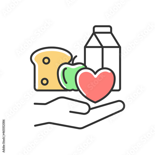 Food donation RGB color icon. Charity organizations. Lack of products consumption. Food insecurity. Volunteering and poor people support. Isolated vector illustration. Simple filled line drawing