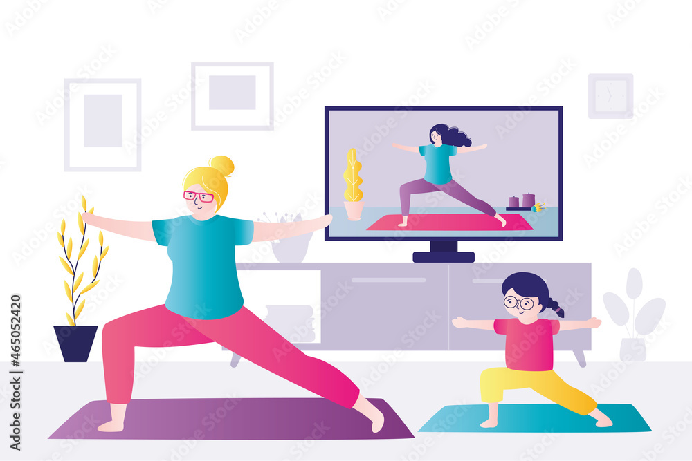 Mom and daughter stand in warrior pose. Woman and kid practice yoga together with trainer Mom and daughter stand in warrior pose. Woman and kid practice yoga together with trainer