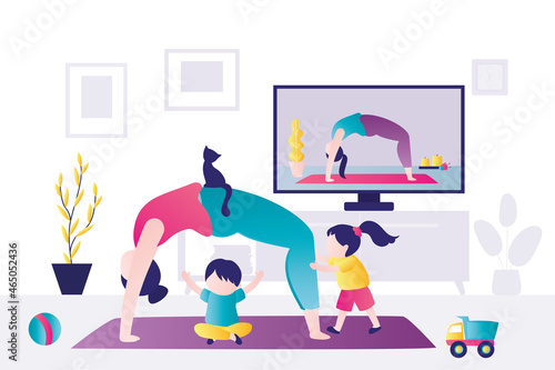 Children prevent mom from doing yoga. Kids play while mother stands in bridge pose