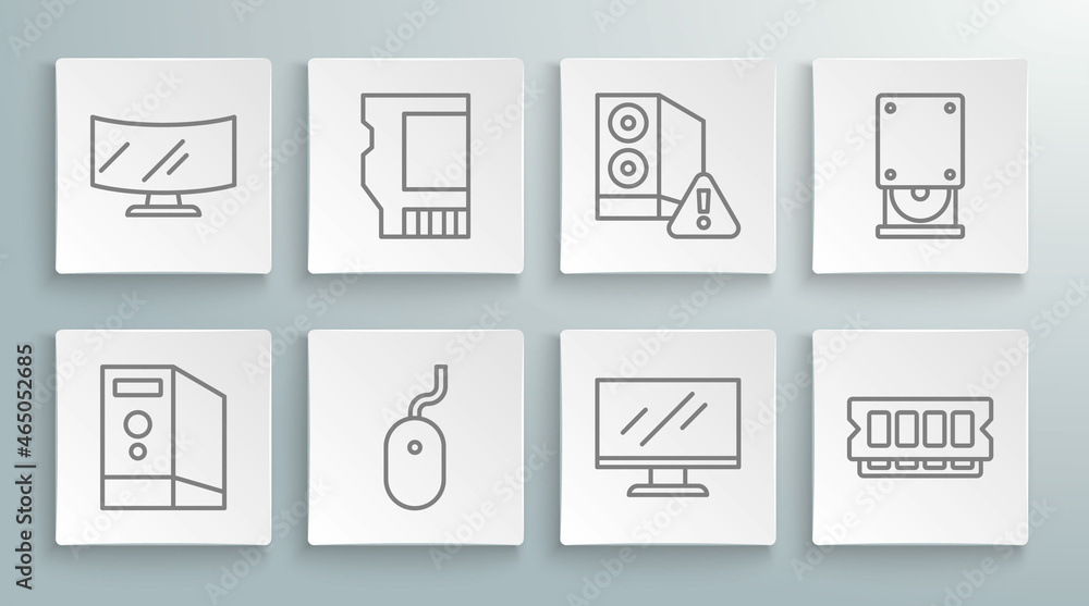 Set line Case of computer, SD card, Computer mouse, monitor screen, RAM, random access memory, Optical disc drive and icon. Vector Set line Case of computer, SD card, Computer mouse, monitor screen, RAM, random access memory, Optical disc drive and icon. Vector