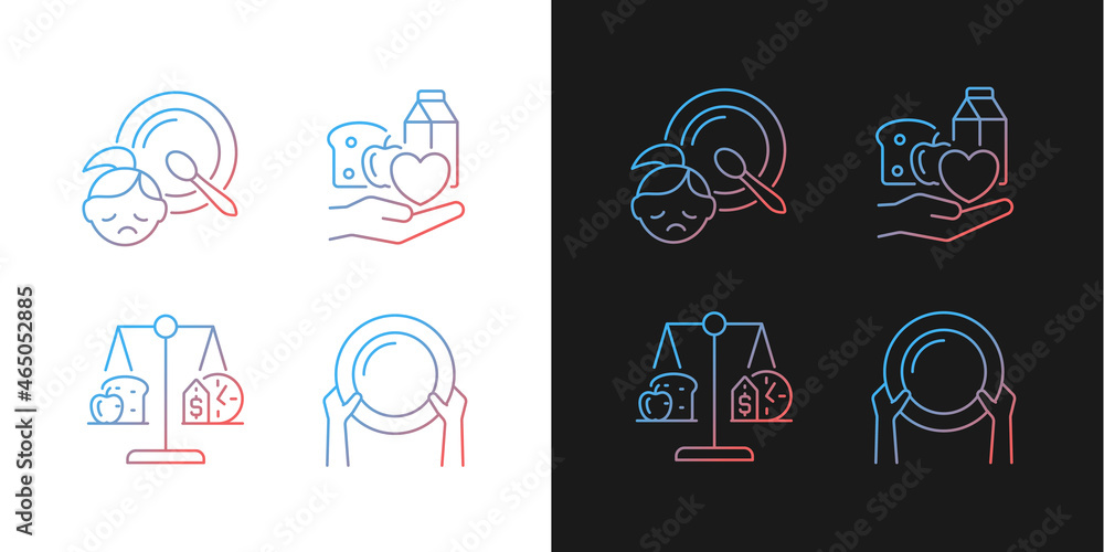 Helping people in need gradient icons set for dark and light mode. Food donation and charity. Thin line contour symbols bundle. Isolated vector outline illustrations collection on black and white Helping people in need gradient icons set for dark and light mode. Food donation and charity. Thin line contour symbols bundle. Isolated vector outline illustrations collection on black and white