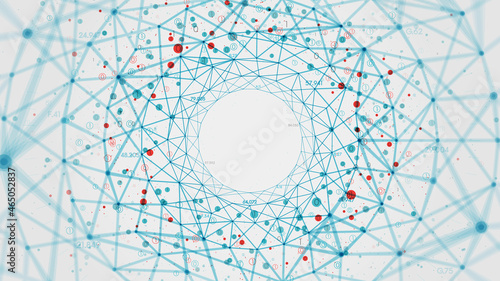 Abstract vector polygonal background with connected lines and dots forming a circle, big data network visualization concept processing application software, virtual binary data stream