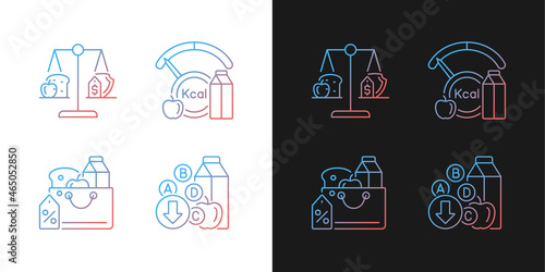 Insufficient food consumption gradient icons set for dark and light mode. Malnutrition issue. Thin line contour symbols bundle. Isolated vector outline illustrations collection on black and white