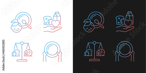 Helping people in need gradient icons set for dark and light mode. Food donation and charity. Thin line contour symbols bundle. Isolated vector outline illustrations collection on black and white