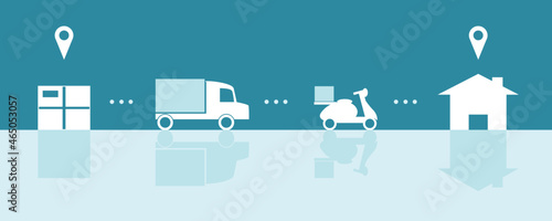 Order delivery service tracking transport parcel with location mark on blue background flat icon vector design.