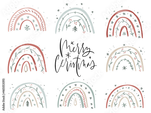 Merry Christmas calligraphy greeting and abstract rainbow clipart set.