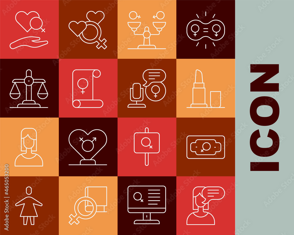 Set line Female opinion, Money growth woman, Lipstick, Gender equality, Feminism, Heart with female gender and Microphone icon. Vector Set line Female opinion, Money growth woman, Lipstick, Gender equality, Feminism, Heart with female gender and Microphone icon. Vector