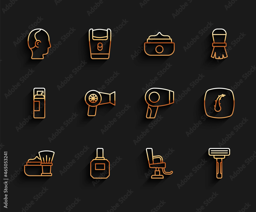 Set line Shaving brush with foam, Aftershave, Baldness, Barbershop chair, razor, Hair dryer, Human follicle and icon. Vector Set line Shaving brush with foam, Aftershave, Baldness, Barbershop chair, razor, Hair dryer, Human follicle and icon. Vector