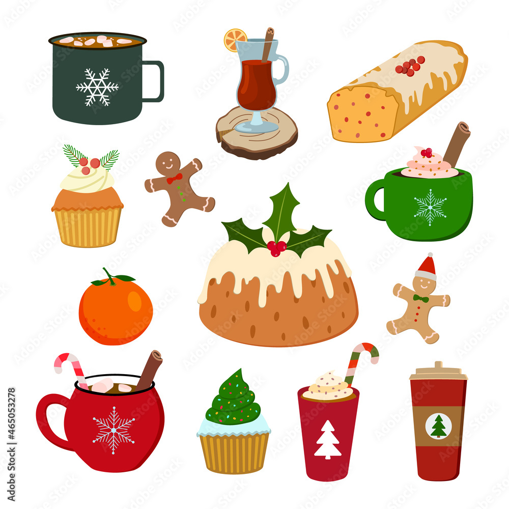 Christmas food and drinks set: mulled wine, hot cocoa, coffee, Christmas cake, gingerbread cookies. Kids illustration. Scrapbook collection. Vector illustration. Isolated on white background. Christmas food and drinks set: mulled wine, hot cocoa, coffee, Christmas cake, gingerbread cookies. Kids illustration. Scrapbook collection. Vector illustration. Isolated on white background.