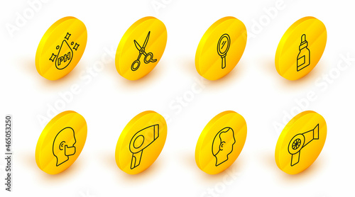 Set line Hair dryer, Baldness, Mustache and beard, Oil bottle, Hand mirror, Scissors hairdresser and for care treatment icon. Vector