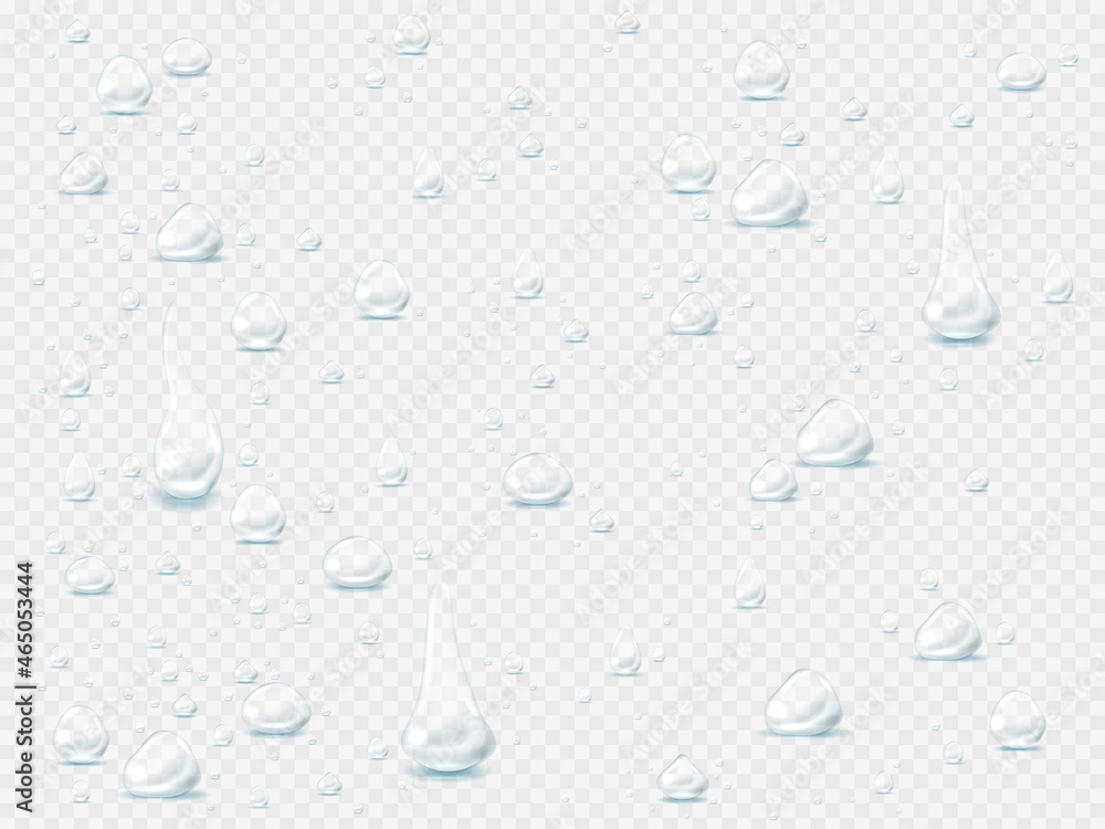 Vector Water drops on glass. Rain drops. Shower steam condensation drips on transparent glass, rain drops on window. Vector Water drops on glass. Rain drops. Shower steam condensation drips on transparent glass, rain drops on window.