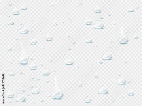 Vector Water drops on glass. Rain drops. Shower steam condensation drips on transparent glass, rain drops on window.