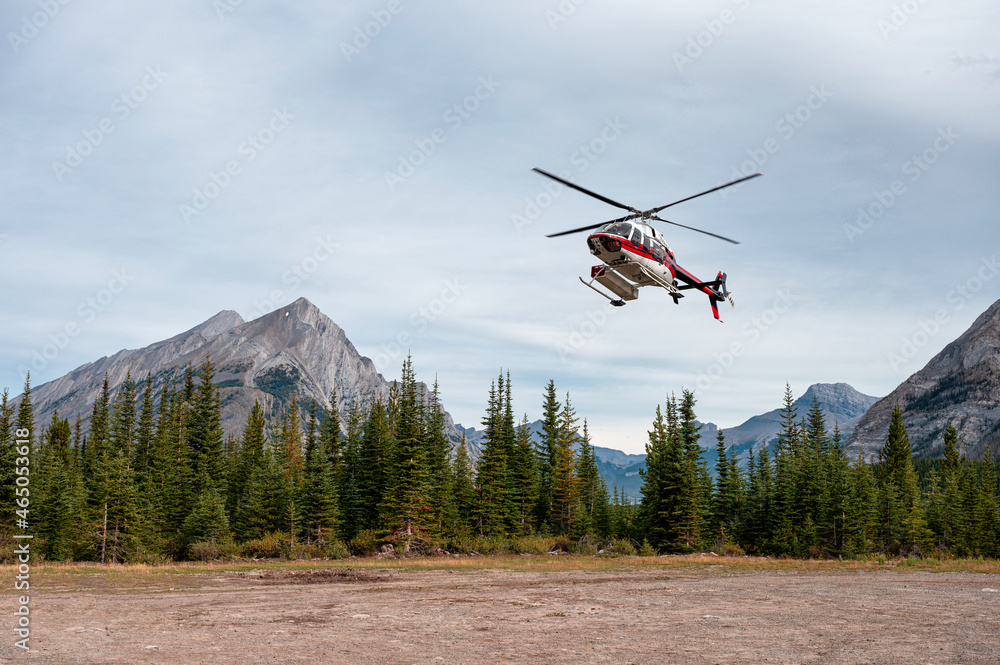 Sightseeing helicopter flying and landing to the ground in Banff national park - obrazy, fototapety, plakaty 