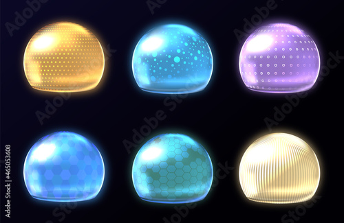 Different energy protection spheres set. Science fiction deflector elements, firewall absolute protection isolated on black background, Realistic 3d vector set