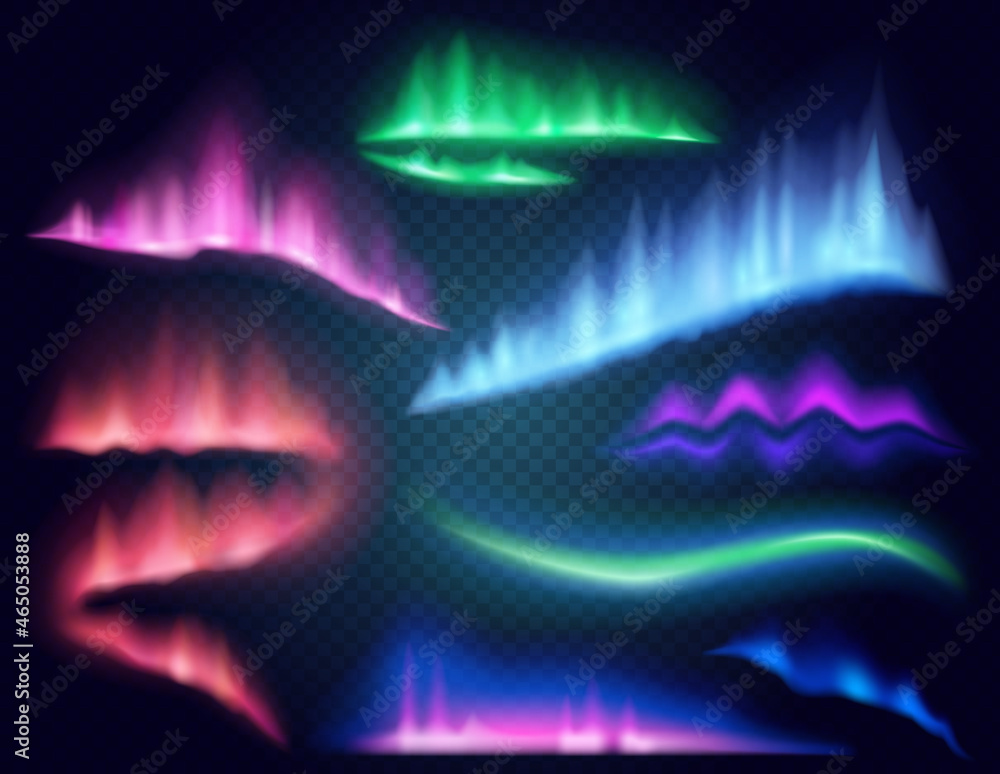 Arctic aurora borealis, vector polar lights set. Northern polar lights and aurora borealis glow