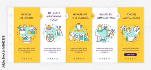 Inattentiveness symptoms onboarding vector template. Responsive mobile website with icons. Web page walkthrough 5 step screens. Being easily distracted color concept with linear illustrations