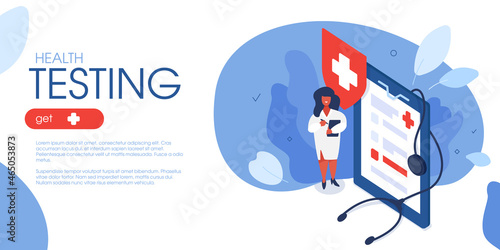 Nurse scientist in hospital analyzing medical tests. Character staying near pad with checklist, shield with cross, and stethoscope.