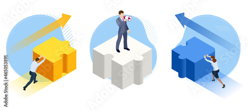 Isometric people connecting puzzle elements concept. Teamwork Support. Cooperation. Business interaction, colleagues cooperating at work
