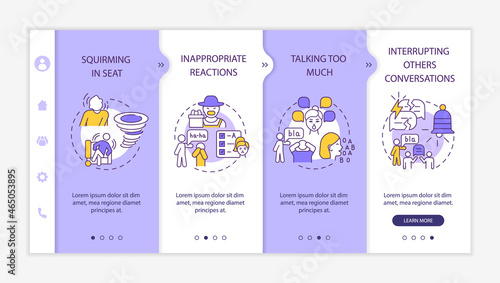 Hyperactive impulsive ADHD signs onboarding vector template. Responsive mobile website with icons. Web page walkthrough 4 step screens. Interrupt conversations color concept with linear illustrations