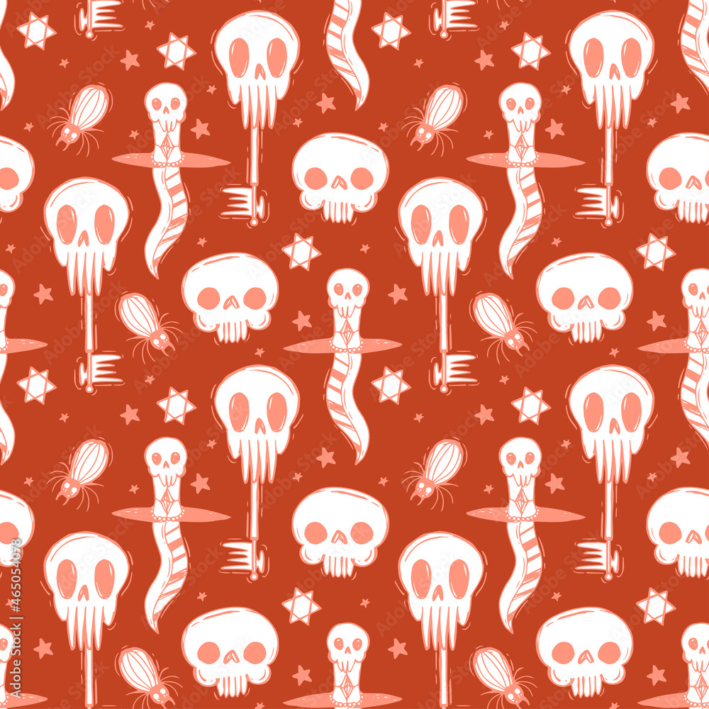 Skull and skeleton halloween pattern Attributes of witchcraft voodoo horror Gothic vector illustration Key knife vector pattern For Halloween gift wrapping paper Skull and skeleton halloween pattern Attributes of witchcraft voodoo horror Gothic vector illustration Key knife vector pattern For Halloween gift wrapping paper