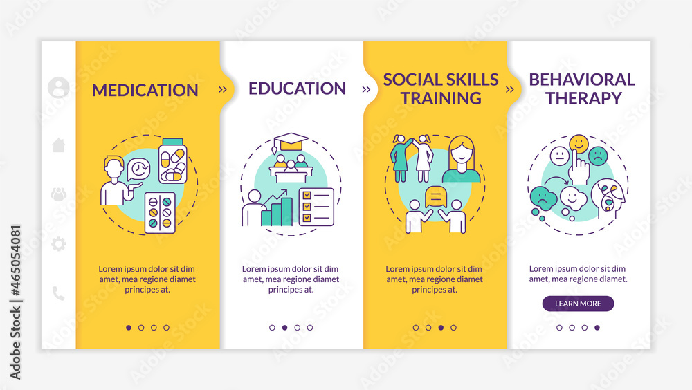 Adult ADHD management onboarding vector template. Responsive mobile website with icons. Web page walkthrough 4 step screens. Social skills training color concept with linear illustrations