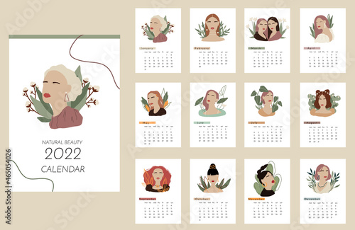 2022 annaul vertical calendar with abstract beautiful girls in trendy minimalistic style. Contemporary female fashion portraits posters. Woman calendar template