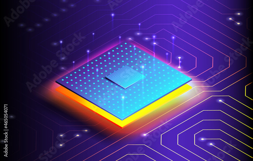 Futuristic projection of the microchip of the future. 3D closeup of cpu for web design. CPU isometric banner. Central Computer Processors CPU concept. Vector illustration EPS10