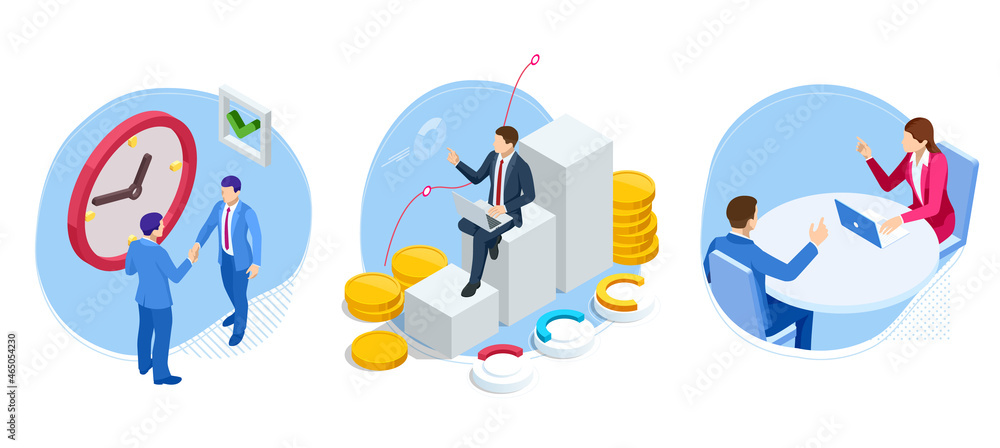 Fototapeta premium Isometric Successful business collaboration. B2B. Data and key performance indicators for business intelligence analytics. Businessmen shaking hands