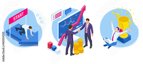 Isometric Successful business collaboration. B2B. Data and key performance indicators for business intelligence analytics. Businessmen shaking hands