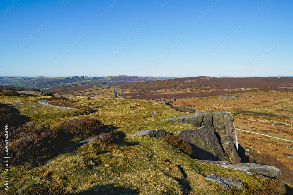 Cloudless blue spring sky over the Derbyshire Peak District.